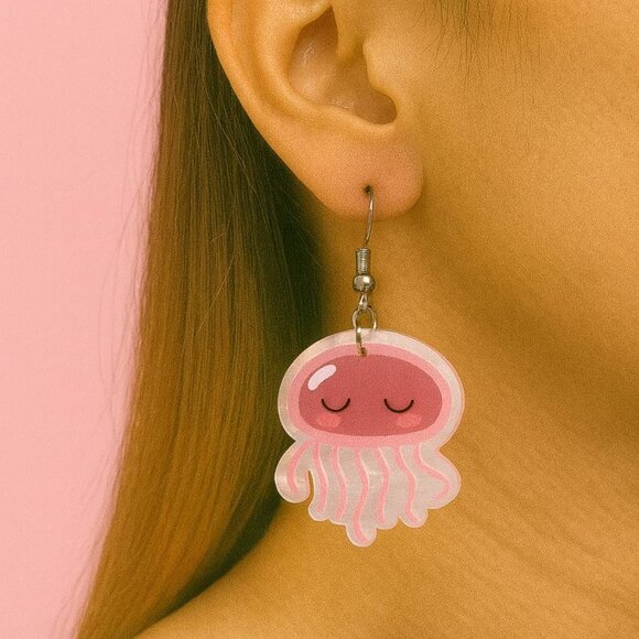 Pink Jellyfish Earrings — Cute Ocean Kawaii Dangle Jewelry - Picture 2 of 4